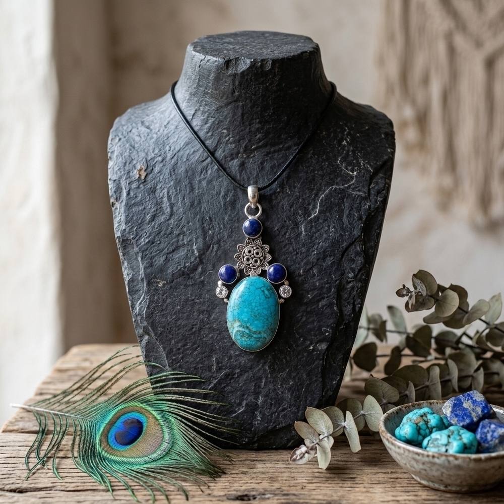Boho Genuine Turquoise Lapis 925 Silver Tone Statement Cord Pendant